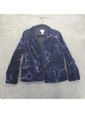 Chicos Jacket Womens Size Medium Navy Paisley Velvet Cotton Blend Button Front